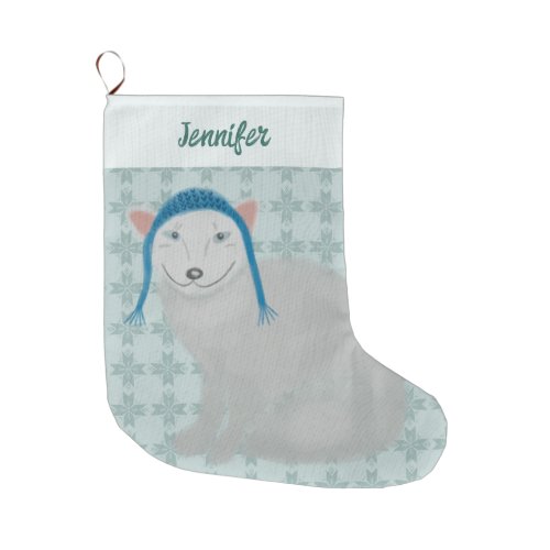 Arctic Fox in Winter Hat Personalized Large Christmas Stocking