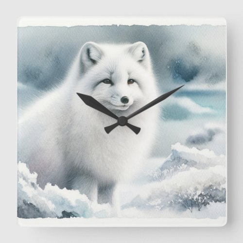 Arctic Fox in Winter REF83 _ Watercolor Square Wall Clock