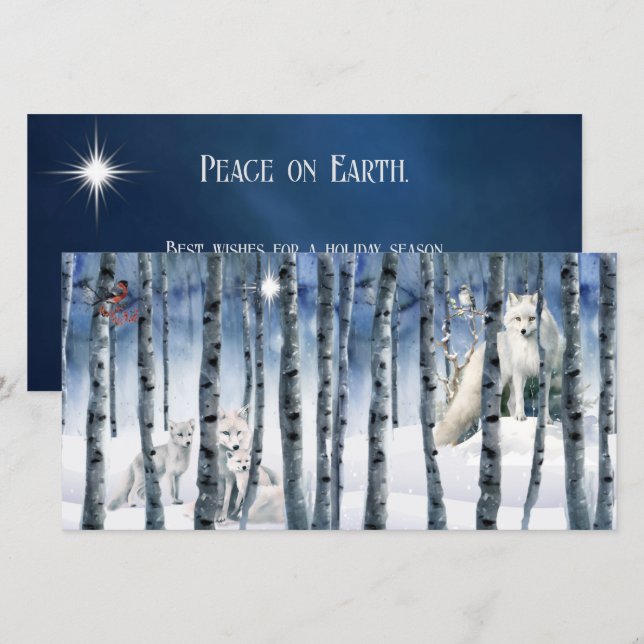 Arctic Fox in Winter Woods with Star Holiday Card (Front/Back)