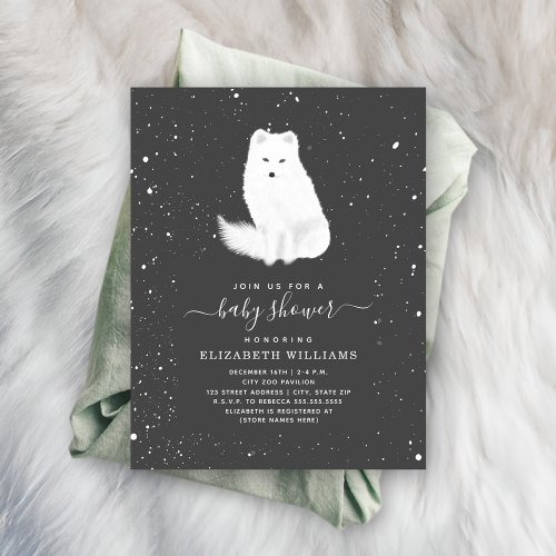 Arctic Fox Neutral Dark Gray Winter Baby Shower Invitation