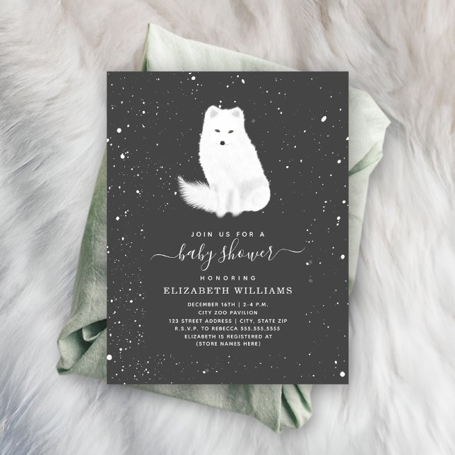 Arctic Fox Neutral Dark Gray Winter Baby Shower Invitation (Creator Uploaded)