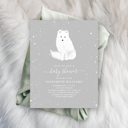 Arctic Fox Neutral Gray Winter Snow Baby Shower In Invitation