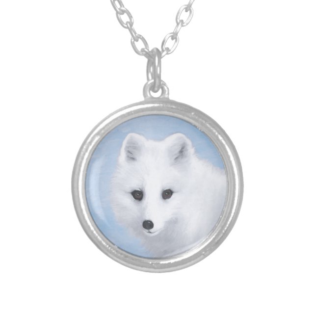 Arctic Fox Painting - Original Wildlife Art Silver Plated Necklace (Front)