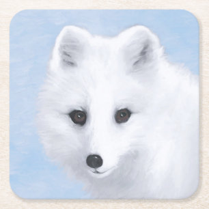 Arctic Fox Painting - Original Wildlife Art Square Paper Coaster