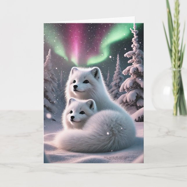 Arctic Fox Pair Aurora Borealis Wintery Woodland Holiday Card (Front)