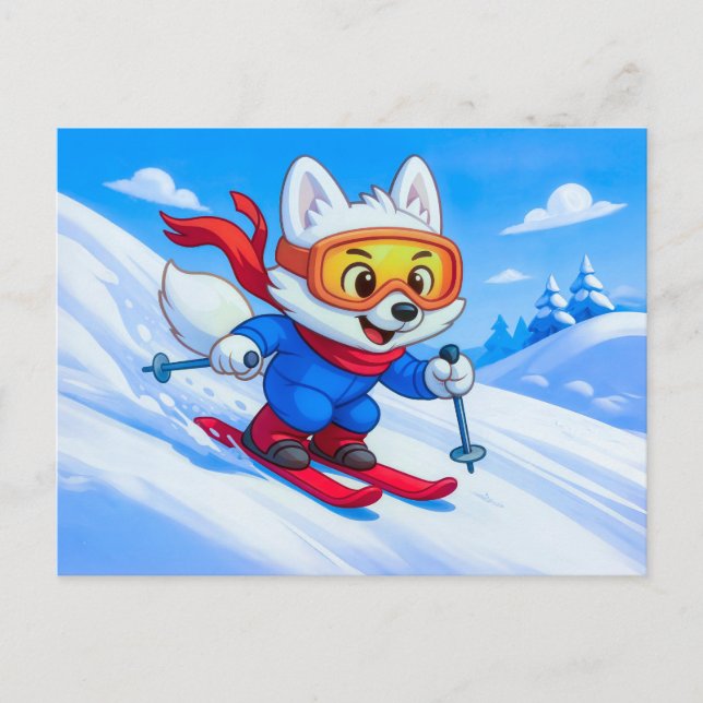 Arctic Fox Skiing Down a Snowy Mountain Postcard (Front)