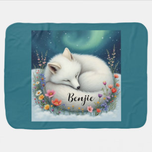 Arctic Fox Sleeping in wild flowers Personalized Baby Blanket