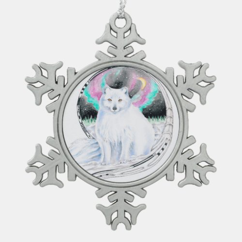 Arctic Fox Watercolor Ink Snowflake Pewter Christmas Ornament