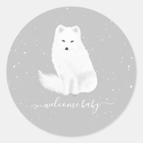 Arctic Fox Winter Snow Gray Neutral Baby Shower Classic Round Sticker