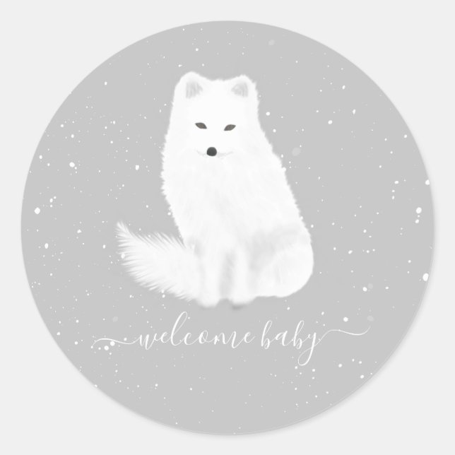 Arctic Fox Winter Snow Gray Neutral Baby Shower Classic Round Sticker (Front)
