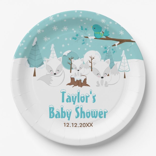 Arctic Fox Winter Wonderland Baby Shower Paper Plates (Front)