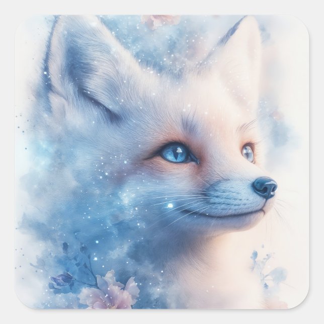 Arctic Fox with Blue Eyes in Galaxy Nebula Square Sticker (Front)