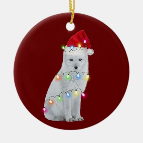 Arctic fox With Hat Lights Christmas Ceramic Ornament