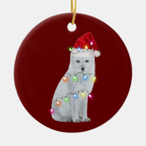 Arctic fox With Hat Scaft Christmas Ceramic Ornament