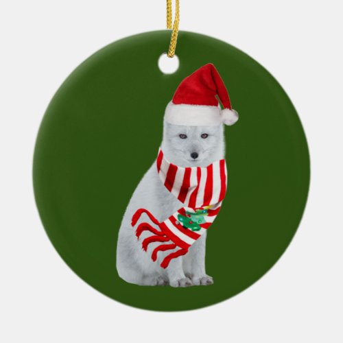 arctic fox With Hat Scaft Christmas Ceramic Ornament