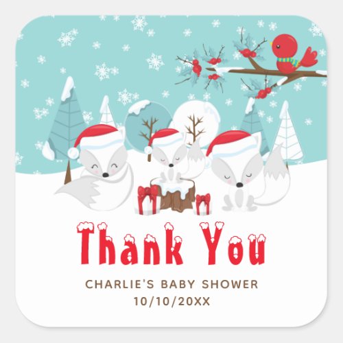 Arctic Foxes Christmas Baby Shower Thank You Square Sticker