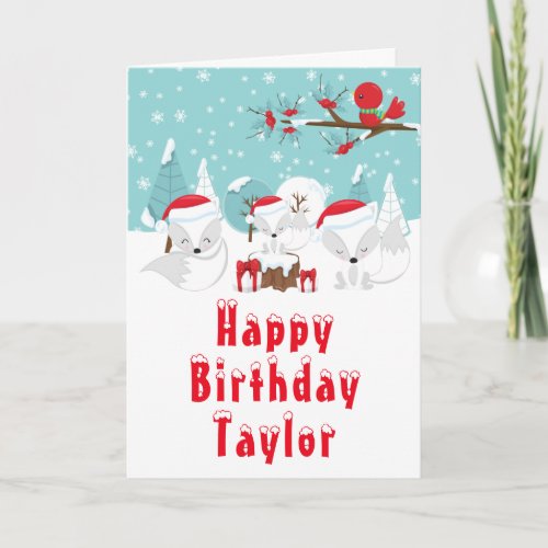 Arctic Foxes Christmas Woodland Happy Birthday Card