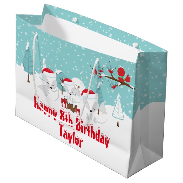 Arctic Foxes Christmas Woodland Happy Birthday Lar Large Gift Bag (Front Angled)