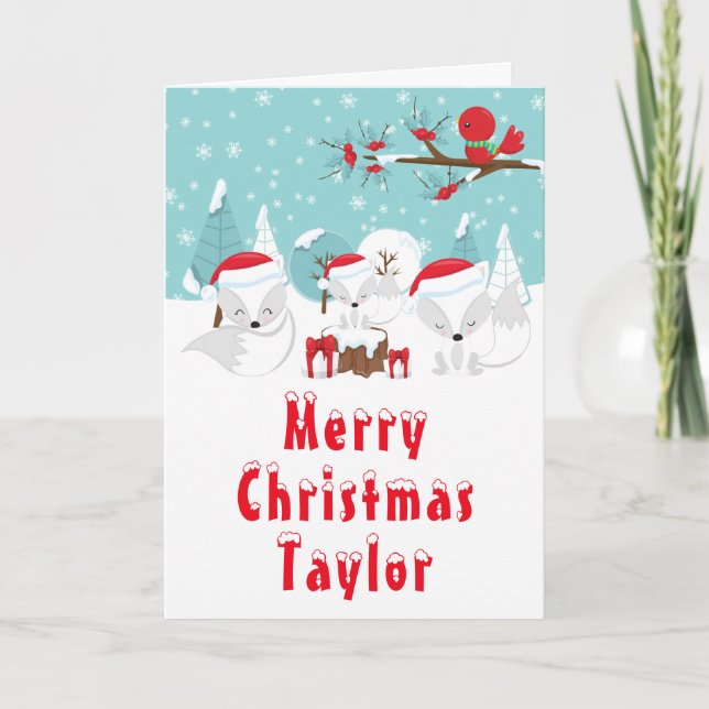 Arctic Foxes Christmas Woodland Merry Christmas Holiday Card (Front)