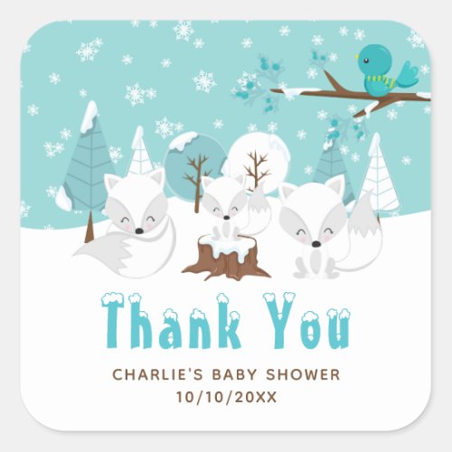 Arctic Foxes Winter Baby Shower Thank You Square Sticker