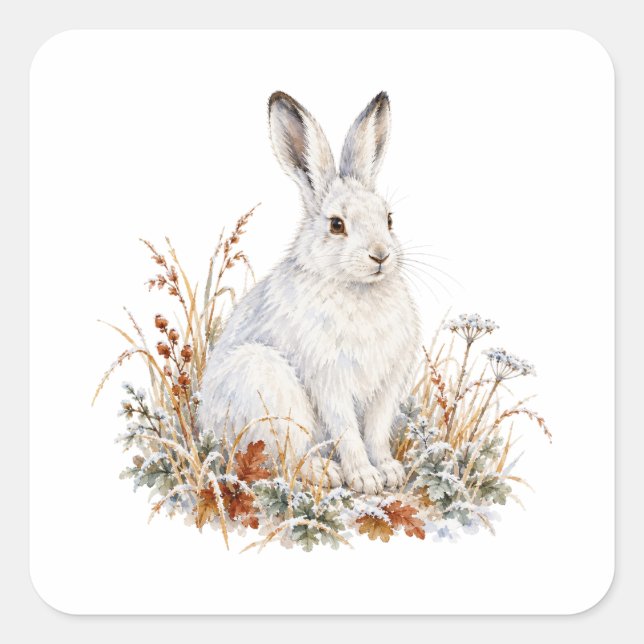 Arctic Hare in Winter Grass Square Sticker (Front)
