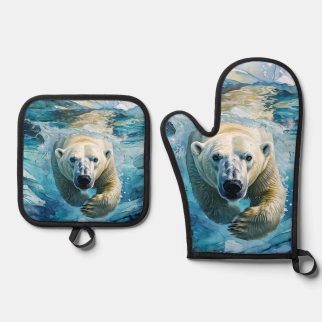 Arctic Mirage: The Swimming Monarch Oven Mitt & Pot Holder Set (Front)