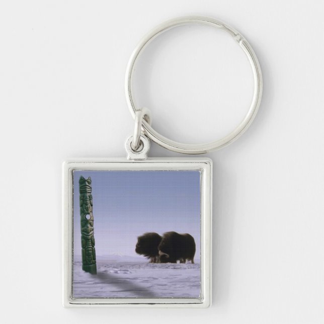 Arctic Musk Oxen & Totem Pole Bovines Wildlife Art Keychain (Front)