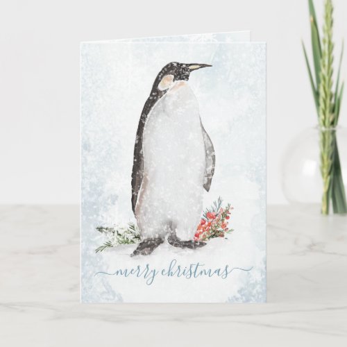 Arctic Penguin Blustering Winter Scene Snowflakes Holiday Card