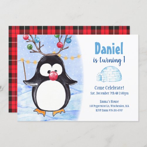 Arctic Penguin Christmas Birthday Party Invitation