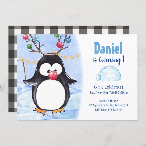 Arctic Penguin Christmas Birthday Party Invitation