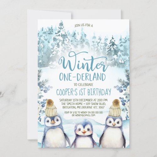 Arctic Penguins Winter Onederland Birthday Invitation