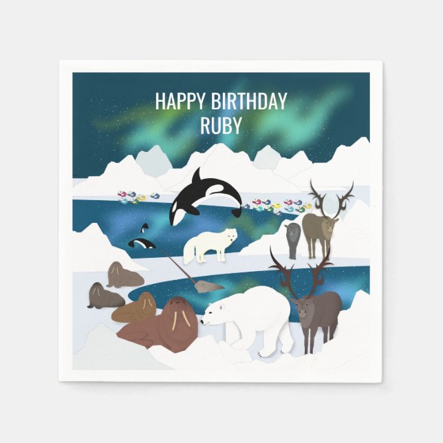 Arctic Polar Bear Reindeer Walrus Orca Narwhal Fox Napkins (Front)