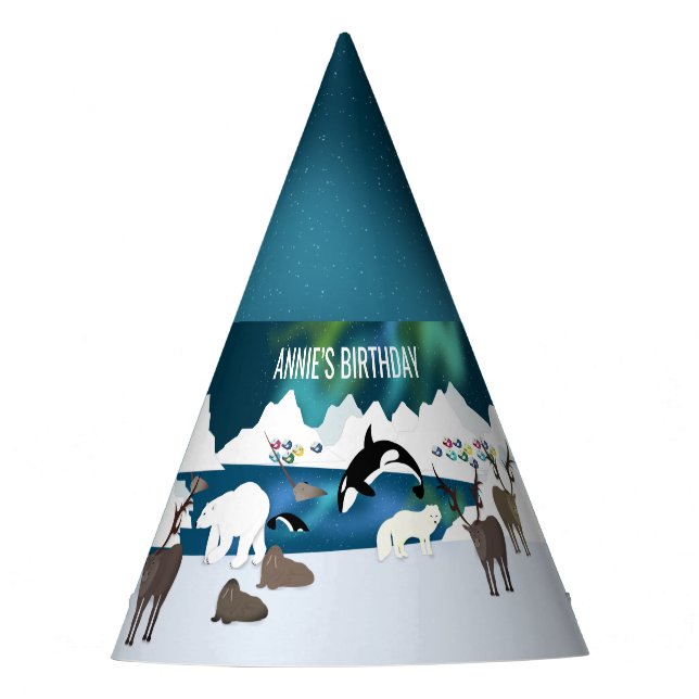 Arctic Polar Bear Reindeer Walrus Orca Narwhal Fox Party Hat (Front)