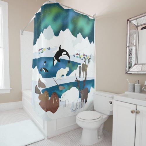 Arctic Polar Bear Reindeer Walrus Orca Narwhal Fox Shower Curtain