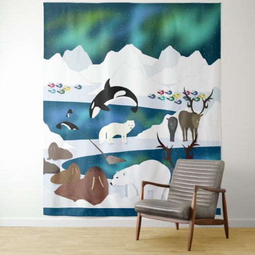 Arctic Polar Bear Reindeer Walrus Orca Narwhal Tapestry