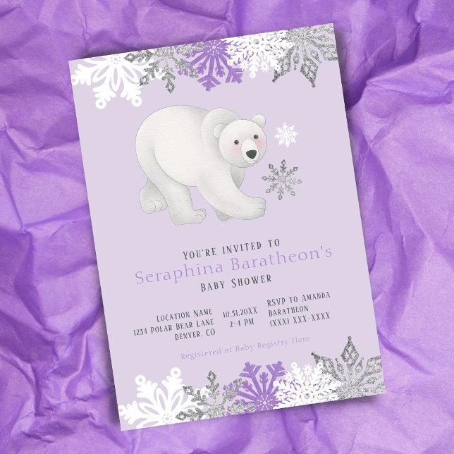 Arctic Purple Polar Bear Baby Shower Invitation (Creator Uploaded)
