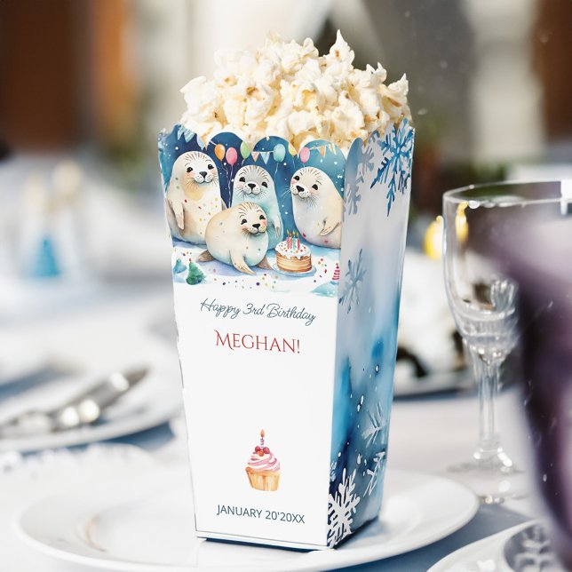 Arctic seal winter birthday personalized popcorn favor boxes (Arctic seal winter birthday party personalized popcorn favor boxes winter wonderland party supplies)