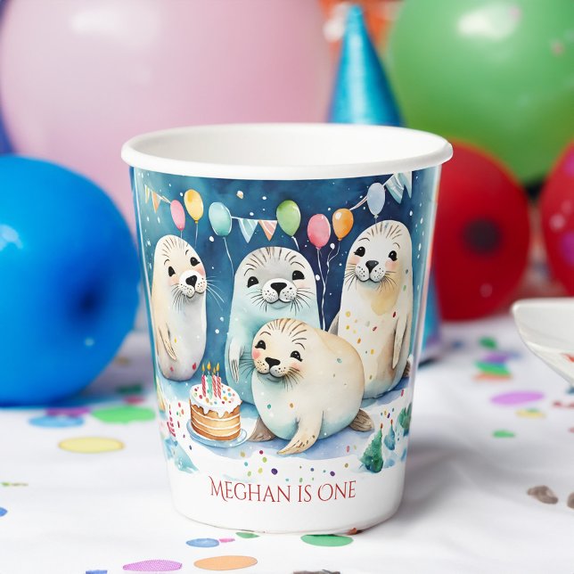 Arctic seal winter birthday personalized template paper cups (Arctic seal winter wonderland birthday party personalized paper cups template seal party supplies)