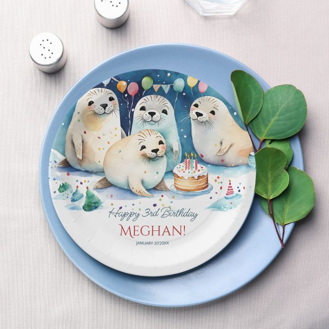Arctic seal winter birthday personalized template paper plates (Arctic seal winter wonderland birthday party personalized template paper plates table decor)