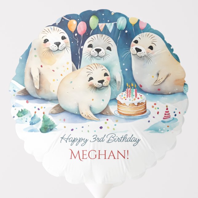 Arctic seal winter wonderland birthday custom balloon (Front)