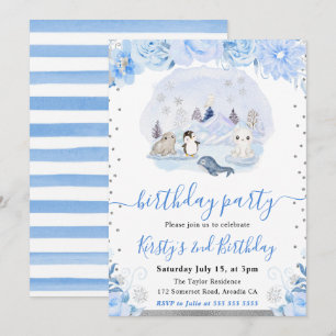 Arctic Snowy Animals & Blue Floral Birthday Invitation