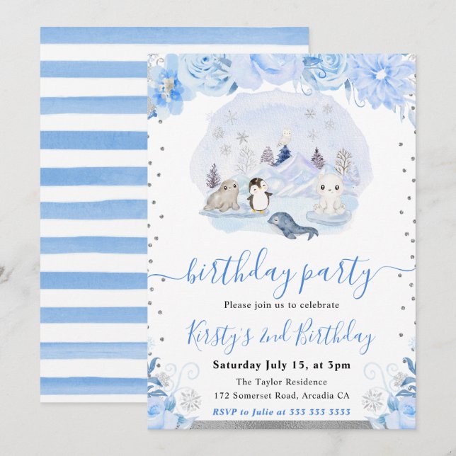 Arctic Snowy Animals & Blue Floral Birthday Invitation (Front/Back)