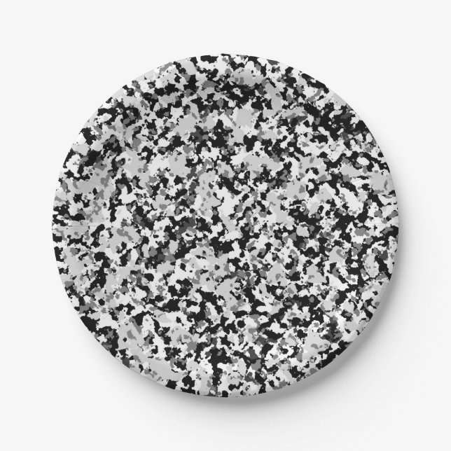 Arctic White Grey Black Camo Camouflage Pattern Paper Plates (Front)