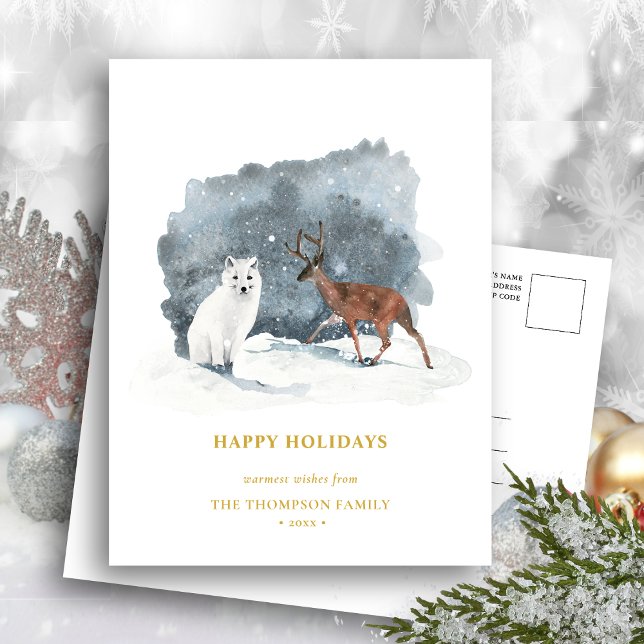 ARCTIC WINTER Animal Gold Script Minimalist Holiday Postcard (Creator Uploaded)