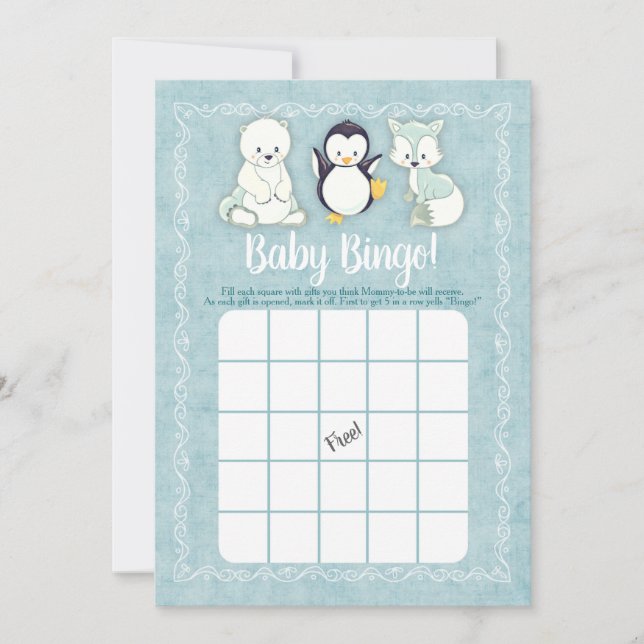 Arctic Winter Animals Baby Shower Bingo Game Invitation (Front)