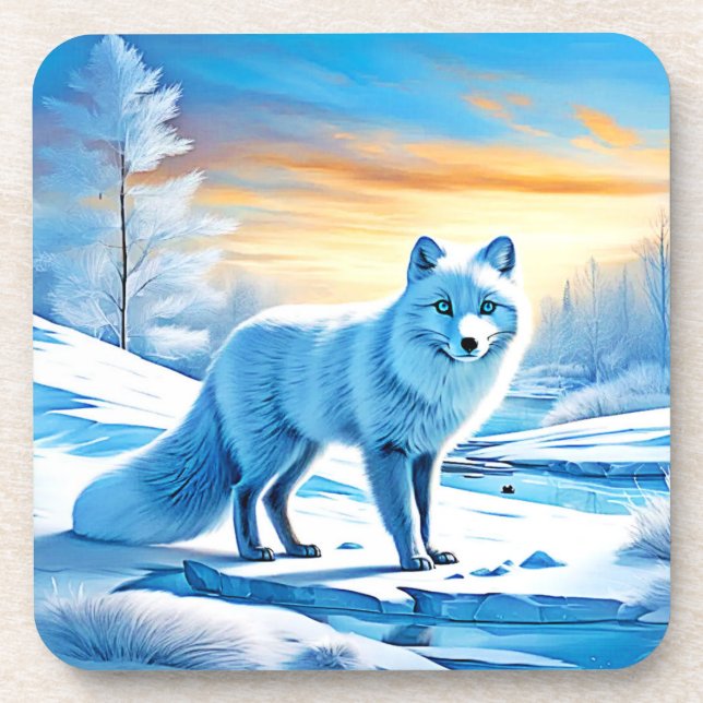 Arctic Winter Fox Snow  Beverage Coaster (Front)