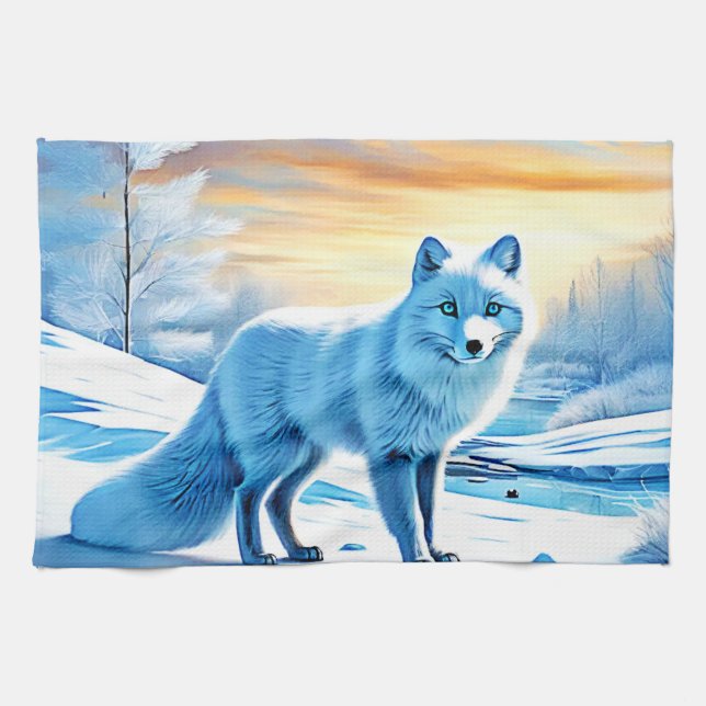 Arctic Winter Fox Snow  Kitchen Towel (Horizontal)