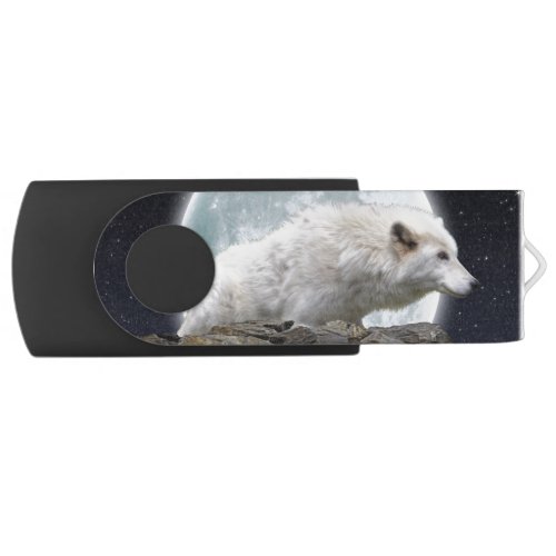 Arctic Wolf and Full Moon Wildlife Design Flash Drive