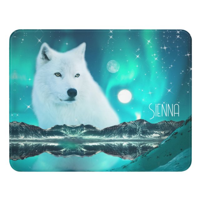 Arctic wolf and magical night Personalized Door Sign (Contemporary Front)
