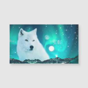 Arctic wolf and magical night with northern lights